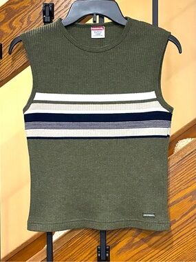 Unionbay vest pullover Rib-Knit Striped Crewneck Olive Green SZ.L juniors